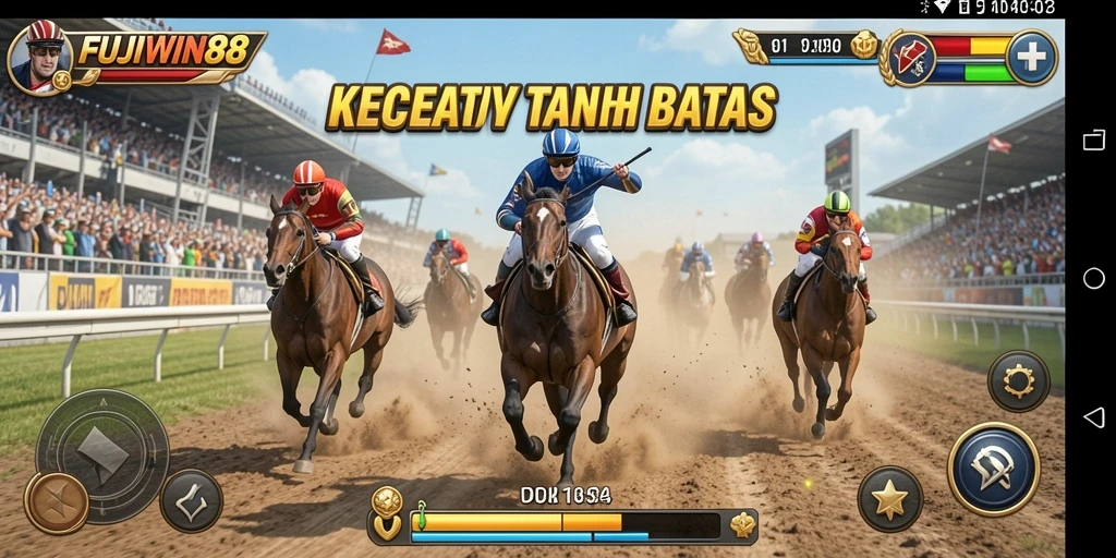 Tampilan gameplay balap FUJIWIN88 yang menegangkan dan berwarna-warni.