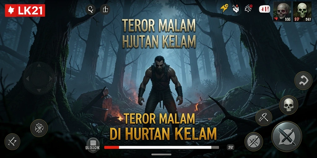 Tampilan gameplay menegangkan di hutan kelam dengan efek suara menyeramkan.