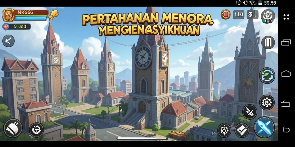 Screenshot gameplay NK666 menampilkan pertempuran seru dan menara pertahanan yang strategis.